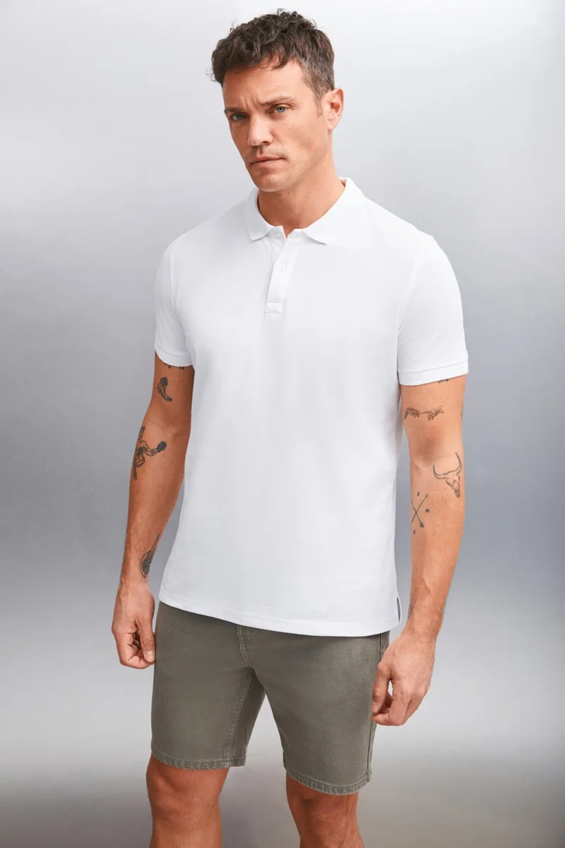 GRIMELANGE Foret Men's 100% Cotton Short Sleeve Regular Fit White Polo Neck T-Shirt