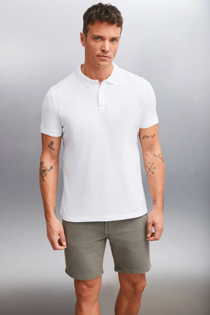 GRIMELANGE Foret Men's 100% Cotton Short Sleeve Regular Fit White Polo Neck T-Shirt