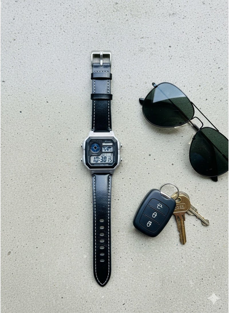 Macon Men’s Digital Sports Watch with Silver Square Case, Black Dial and Comfortable Leather Strap | Multifunctional Waterproof Digital Wristwatch for Men | Features Alarm, Stopwatch, Date, Backlight Display, and Durable Shock-Resistant Design | Stylish Casual and Sports Watch for Everyday Use | Perfect Gift for Men, Boys, and Teenagers | Fashionable Outdoor Fitness Watch Ideal for Running, Gym, Travel, and Office Wear - Image 3