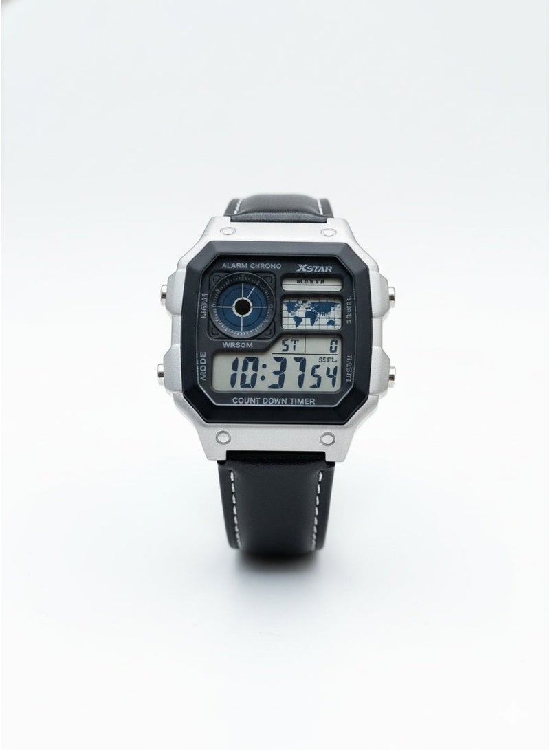 Macon Men’s Digital Sports Watch with Silver Square Case, Black Dial and Comfortable Leather Strap | Multifunctional Waterproof Digital Wristwatch for Men | Features Alarm, Stopwatch, Date, Backlight Display, and Durable Shock-Resistant Design | Stylish Casual and Sports Watch for Everyday Use | Perfect Gift for Men, Boys, and Teenagers | Fashionable Outdoor Fitness Watch Ideal for Running, Gym, Travel, and Office Wear - Image 1