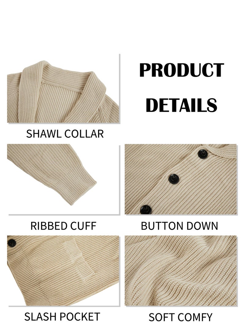 Karlywindow Mens Shawl Collar Cardigan Sweater Cable Knit Button Down Winter Chunky Sweater with Pockets Beige - Image 5