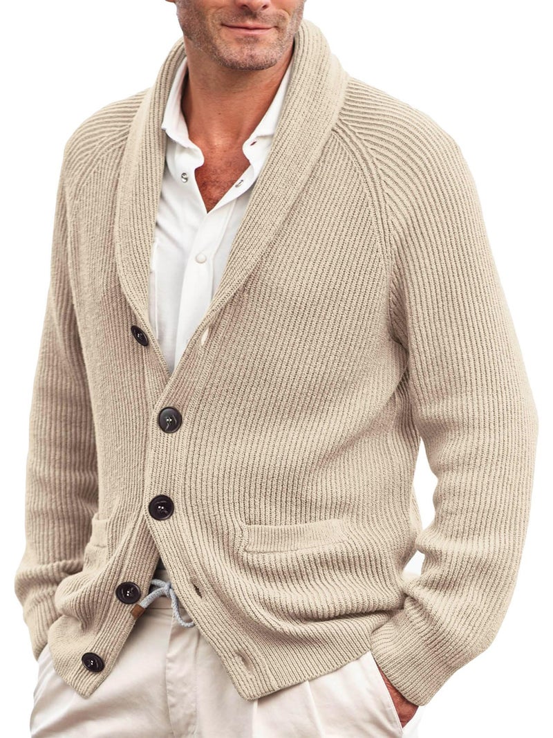 Karlywindow Mens Shawl Collar Cardigan Sweater Cable Knit Button Down Winter Chunky Sweater with Pockets Beige - Image 1
