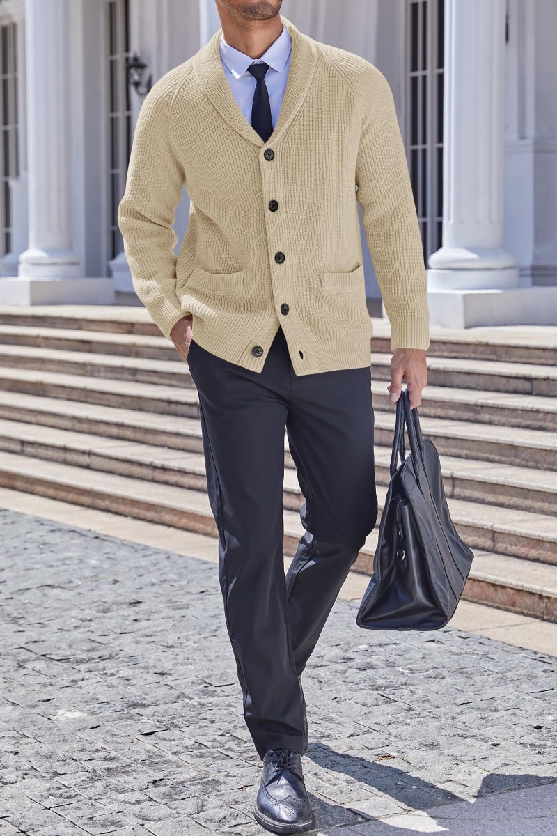 Karlywindow Mens Shawl Collar Cardigan Sweater Cable Knit Button Down Winter Chunky Sweater with Pockets Beige - Image 4