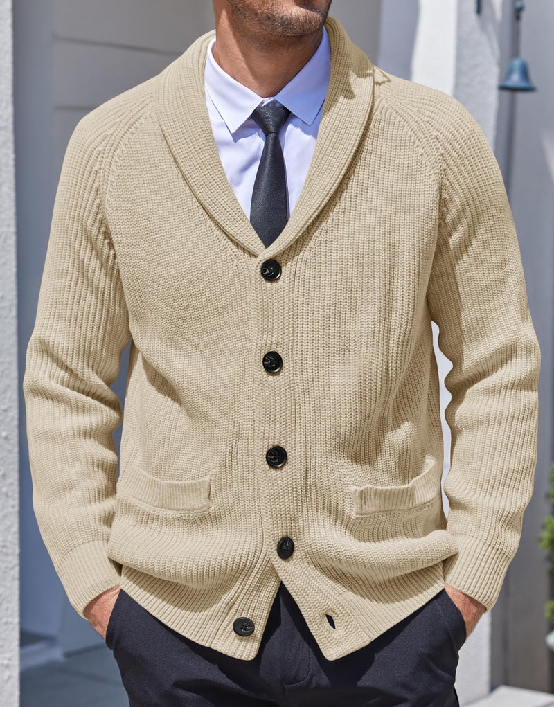 Karlywindow Mens Shawl Collar Cardigan Sweater Cable Knit Button Down Winter Chunky Sweater with Pockets Beige - Image 2