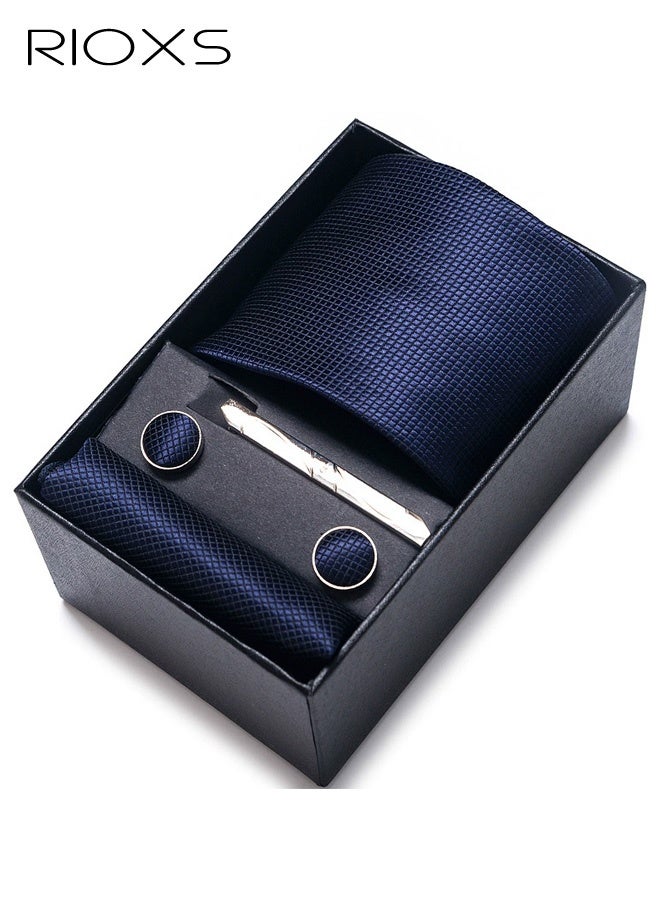 Men's Tie and Accessories Gift Set, Tie/Pocket Square/Cufflinks/Tie Clip Patterned Set, Business Wedding Striped Jacquard Fashion Accessories Gift Box for Males, Dark Blue