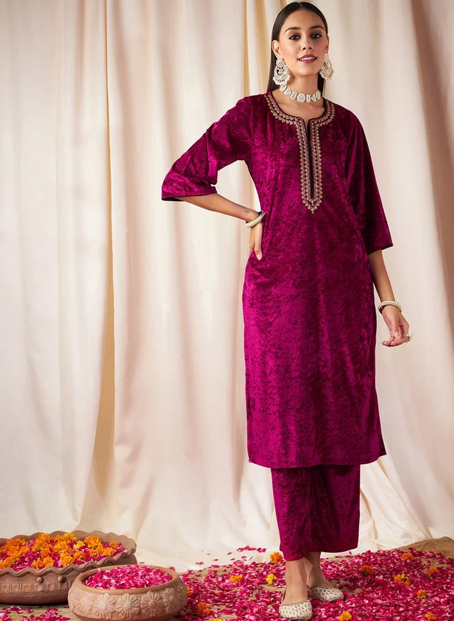 Fuchsia Velvet Straight Kurta for Women