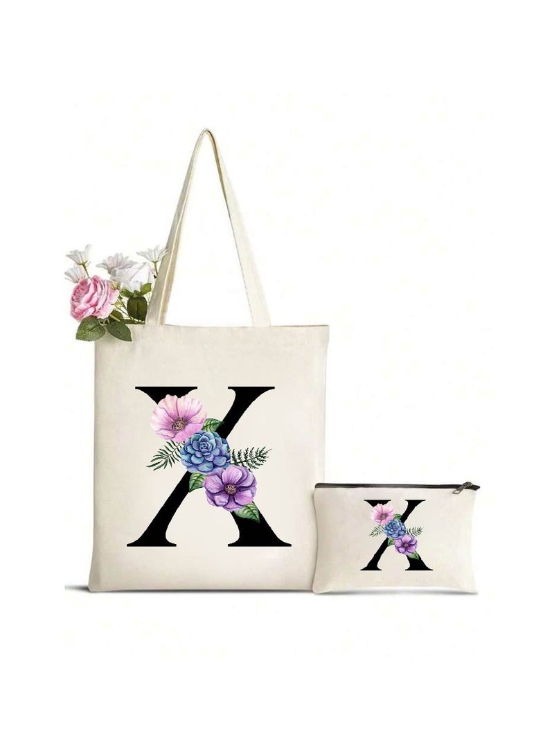 برينت شوب فور مي حقيبة حمل قماشية أولية بحروف كبيرة ومجموعة حقائب مكياج متطابقة - هدايا مدروسة للنساء والمعلمين وطلاب الجامعات ووصيفات العروس وحقائب البقالة القابلة لإعادة الاستخدام وحفلات الزفاف والتسوق في العطلات وا - Image 1