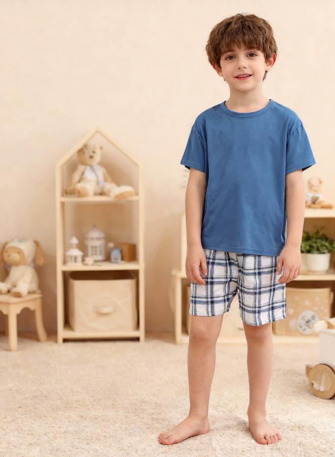 Take Two Boys Blue T-Shirt And Checkered Shorts Pyjama Set - Image 1