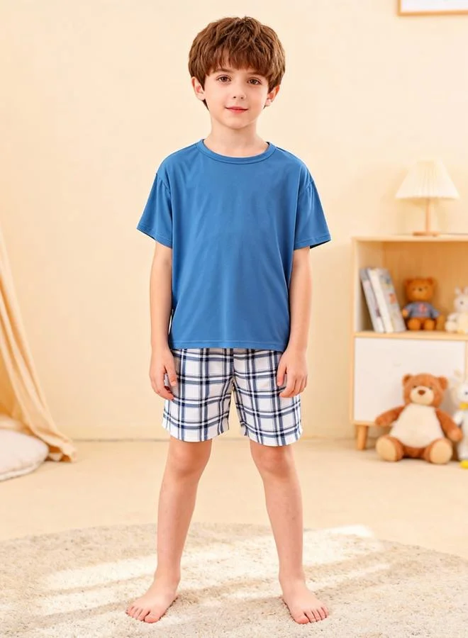 Take Two  Boys Blue T-Shirt And Checkered Shorts Pyjama Set for Men | Best Price UAE