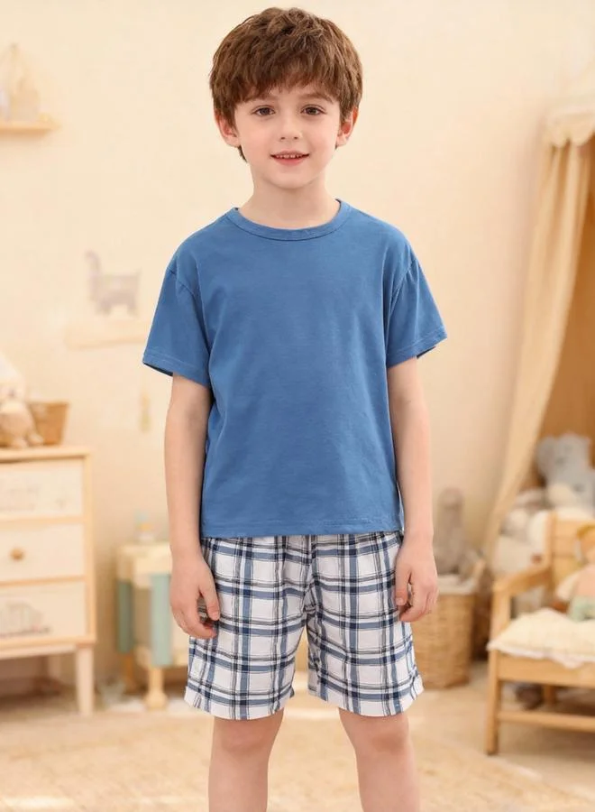 Take Two  Boys Blue T-Shirt And Checkered Shorts Pyjama Set for Men | Best Price UAE