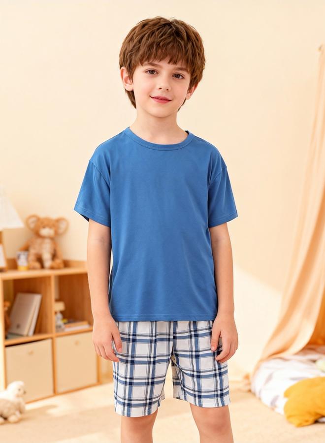 Take Two Boys Blue T-Shirt And Checkered Shorts Pyjama Set - Image 2