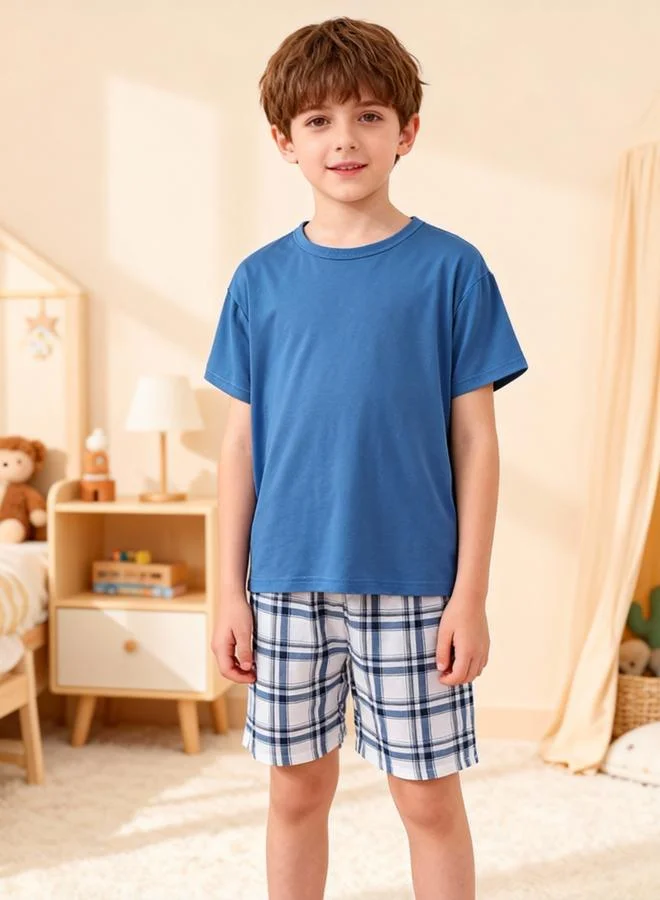 Take Two  Boys Blue T-Shirt And Checkered Shorts Pyjama Set for Men | Best Price UAE