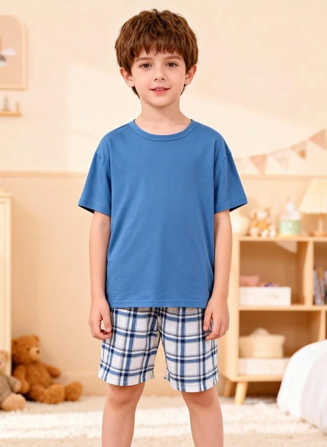 Take Two  Boys Blue T-Shirt And Checkered Shorts Pyjama Set for Men | Best Price UAE