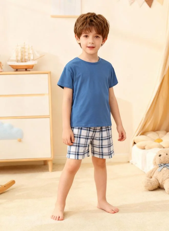Take Two  Boys Blue T-Shirt And Checkered Shorts Pyjama Set for Men | Best Price UAE