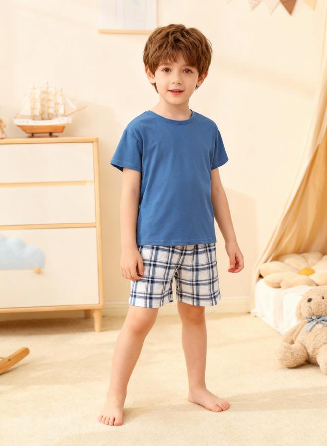 Take Two Boys Blue T-Shirt And Checkered Shorts Pyjama Set - Image 5