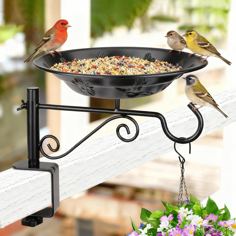 BOLITE Balcony Bird Feeder, BOLITE Hanging Bird Bath Outdoors Deck Mounted with Garden Decorative Hook for Hanging Planters, Lanterns, Wind Chimes, Gifts for Women Men - Image 1