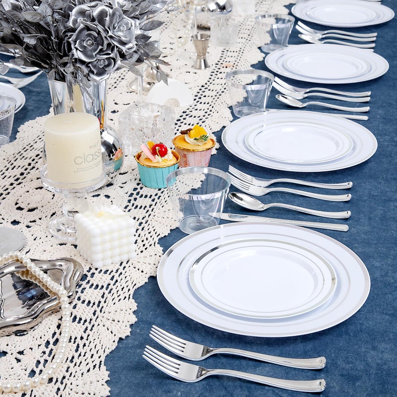 WELLIFE 300 PCS Silver Dinnerware Set for 50 Guests  Silver Plastic Disposable Plates for Party  50 Dinner Plates  50 Salad Plates  50 Cups Forks Knives Spoons for Wedding and Party Supplies - Image 1