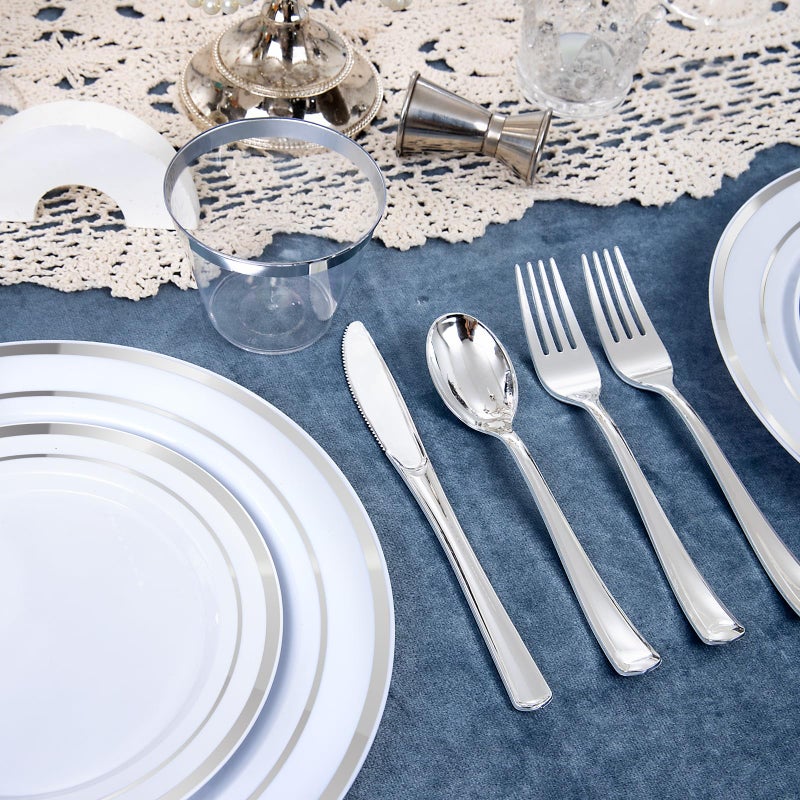 WELLIFE 300 PCS Silver Dinnerware Set for 50 Guests  Silver Plastic Disposable Plates for Party  50 Dinner Plates  50 Salad Plates  50 Cups Forks Knives Spoons for Wedding and Party Supplies - Image 2