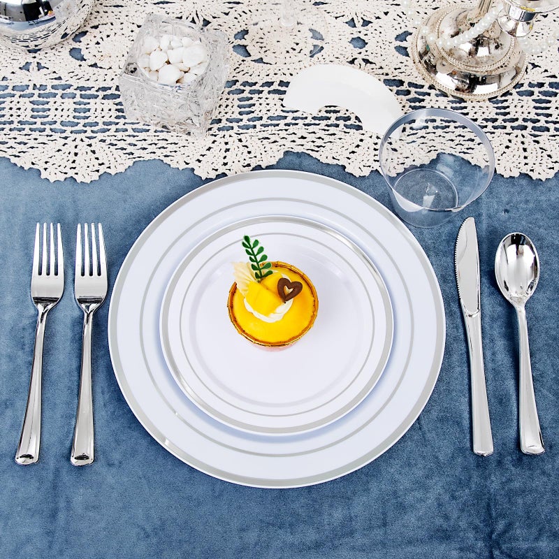 WELLIFE 300 PCS Silver Dinnerware Set for 50 Guests  Silver Plastic Disposable Plates for Party  50 Dinner Plates  50 Salad Plates  50 Cups Forks Knives Spoons for Wedding and Party Supplies - Image 4