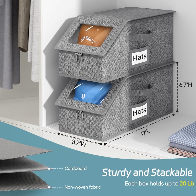 AOODA 2 PCS Stackable Hat Storage for Baseball Caps, Holds up to 24 Caps Cap Organizer for Closet, Sturdy Hat Boxes for Men with Cardboard, Slate Grey - Image 3