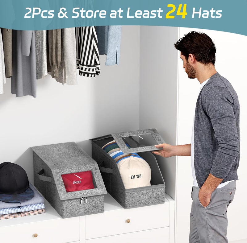 AOODA 2 PCS Stackable Hat Storage for Baseball Caps, Holds up to 24 Caps Cap Organizer for Closet, Sturdy Hat Boxes for Men with Cardboard, Slate Grey - Image 2