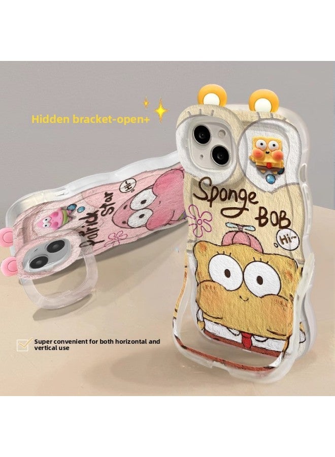 Patrick Star Doll For Iphone 15 Mobile Phone Case 14pro Double Stand 13 Cute Cartoon XR Niche 12/11 Soft-Color:Bench Double Bracket-transparent-texture Painting Star+doll+ears-Applicable Models:For Iphone 12 Pro