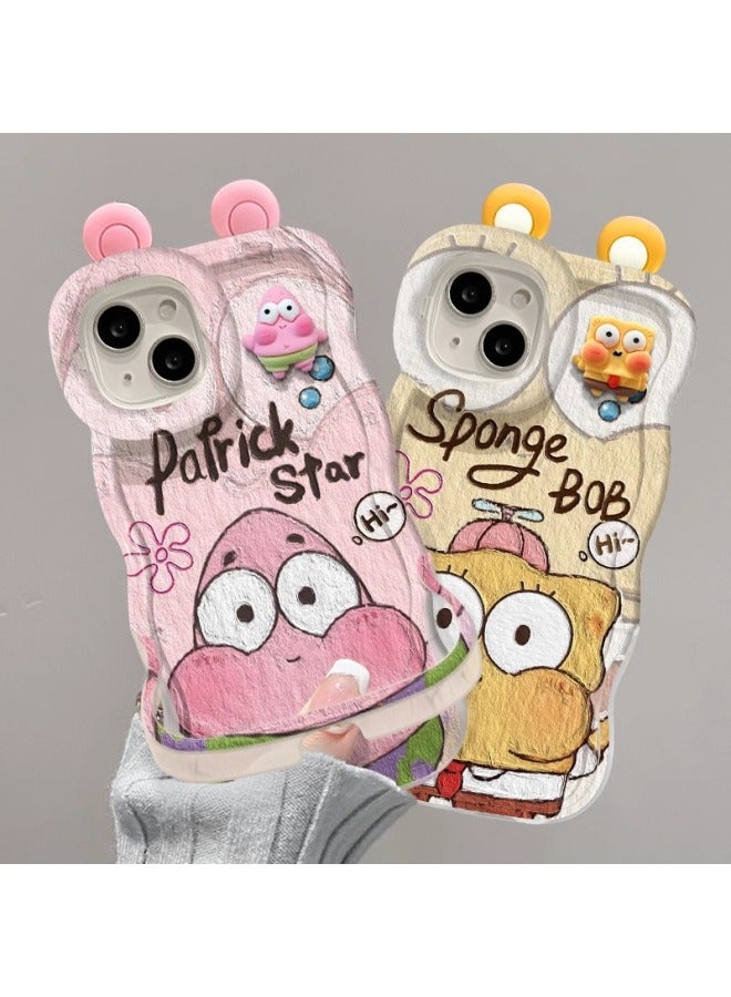 Patrick Star Doll For Iphone 15 Mobile Phone Case 14pro Double Stand 13 Cute Cartoon XR Niche 12/11 Soft-Color:Bench Double Bracket-transparent-texture Painting Star+doll+ears-Applicable Models:For Iphone 12 Pro