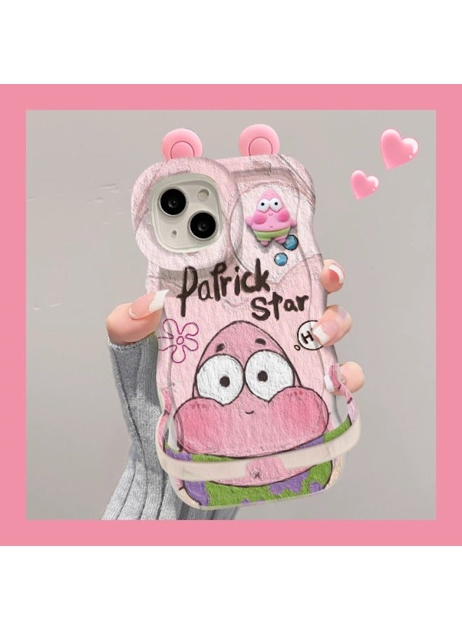 Patrick Star Doll For Iphone 15 Mobile Phone Case 14pro Double Stand 13 Cute Cartoon XR Niche 12/11 Soft-Color:Bench Double Bracket-transparent-texture Painting Star+doll+ears-Applicable Models:For Iphone 12 Pro