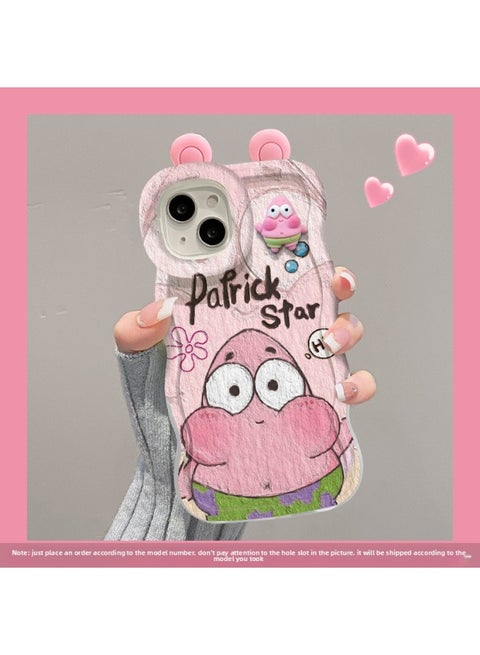 Patrick Star Doll For Iphone 15 Mobile Phone Case 14pro Double Stand 13 Cute Cartoon XR Niche 12/11 Soft-Color:Bench Double Bracket-transparent-texture Painting Star+doll+ears-Applicable Models:For Iphone 12 Pro