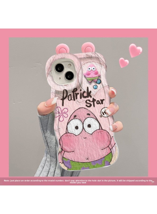 Patrick Star Doll For Iphone 15 Mobile Phone Case 14pro Double Stand 13 Cute Cartoon XR Niche 12/11 Soft-Color:Bench Double Bracket-transparent-texture Painting Star+doll+ears-Applicable Models:For Iphone 12 Pro