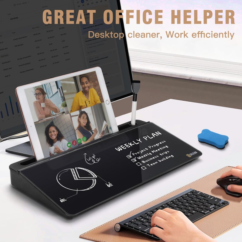 SELEAD Desktop Glass Whiteboard with Organizer, Markers, Eraser - Dry Erase Board Computer Pad Keyboard Stand with Drawer and Holder for Home, School, Office - Black - Image 3