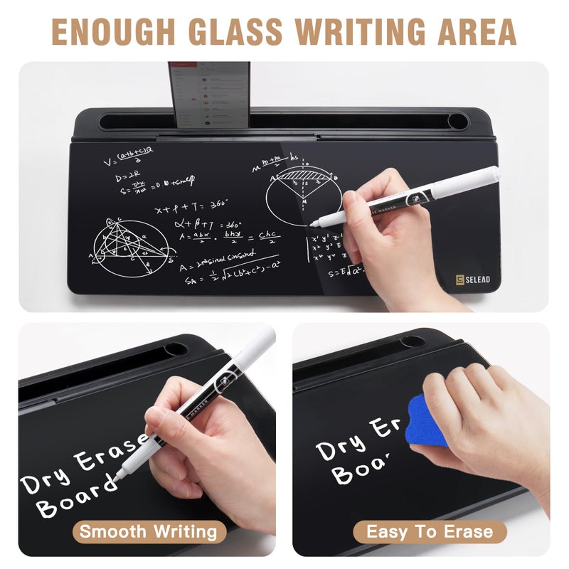 SELEAD Desktop Glass Whiteboard with Organizer, Markers, Eraser - Dry Erase Board Computer Pad Keyboard Stand with Drawer and Holder for Home, School, Office - Black - Image 4