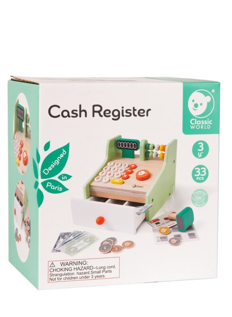Classic World Cash Register - Wooden Pretend Play Toy for Kids, Role-Playing, Counting and Math Skills, Interactive Cash Register, Money Play, Gift for Children - Image 1