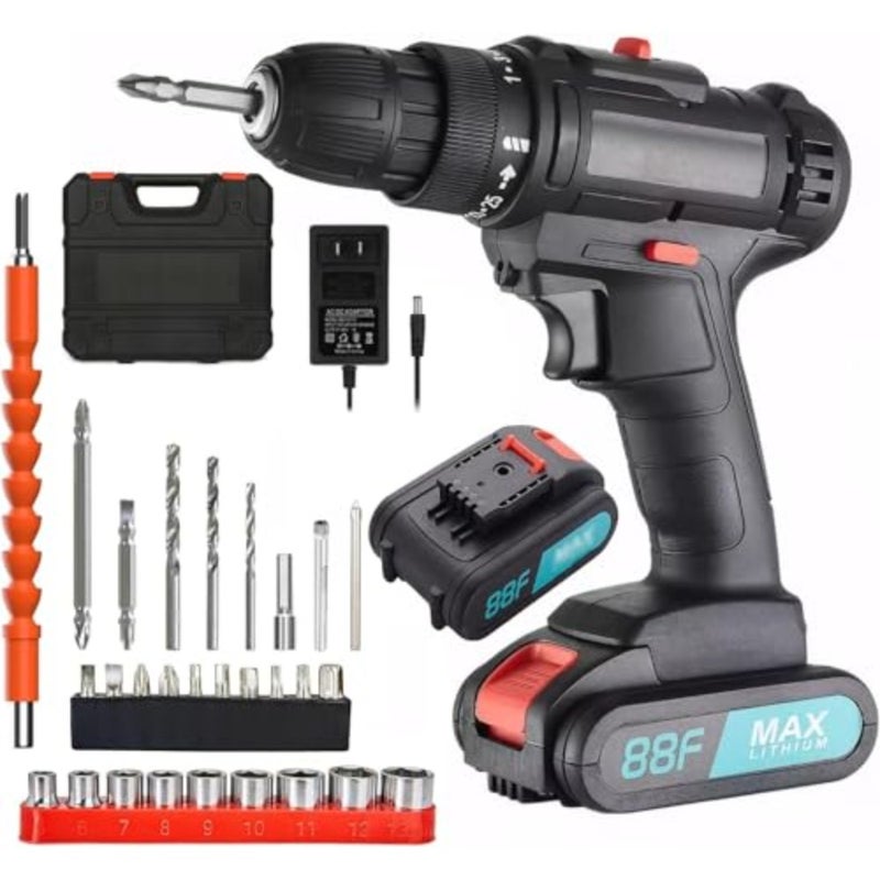 21V Cordless Drill Set Includes 2 Batteries, a charger, 28 accessories, 2 speed 25+1 torque settings, forward/reverse control, and LED lighting Suitable for Plastics, Wood, and Screws - Image 1