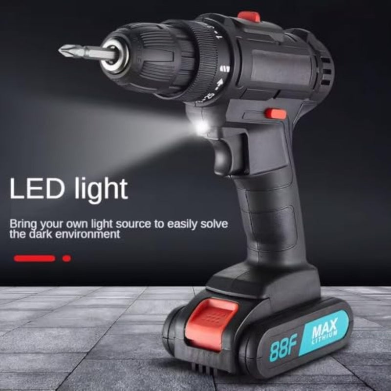 21V Cordless Drill Set Includes 2 Batteries, a charger, 28 accessories, 2 speed 25+1 torque settings, forward/reverse control, and LED lighting Suitable for Plastics, Wood, and Screws - Image 4