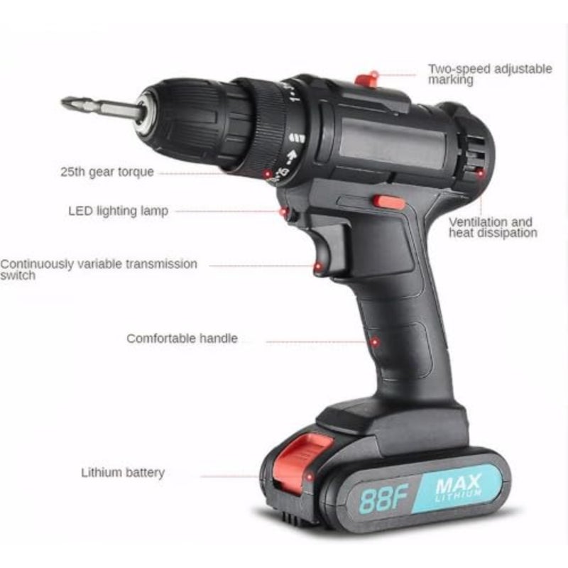 21V Cordless Drill Set Includes 2 Batteries, a charger, 28 accessories, 2 speed 25+1 torque settings, forward/reverse control, and LED lighting Suitable for Plastics, Wood, and Screws - Image 3