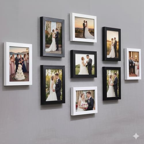 Stuthi Arts 5x7 inch Glass Photo Frames Set of 9 | Wall Photo Frame Collage for Home Decor | Black & White Mix Frames | Family Photo Gallery | Wall Hanging & Tabletop Display - Image 1