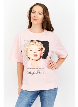 Women Oversize Crew Neck Short Sleeves Printed T-Shirt, Pink