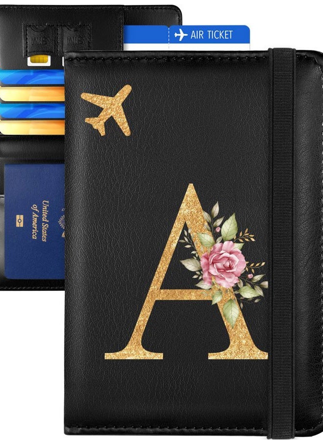 Slohif Initial Passport Holder Cover Wallet Case for Travel Women - Leather Letter Passport Book Family Multiple Personalized Organizer Card Slots Protector Sleeve Essentials Slim Carrier A Black - Image 1