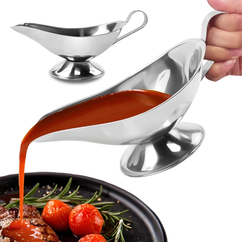 Seuqhck 2 Pack 10 Oz Gravy Boat with Handle, Stainless Steel Gravy Sauce Boat Bowl for Dining, Holiday Meals, Parties, Salad Dressing, Thanksgiving, Christmas - Image 1