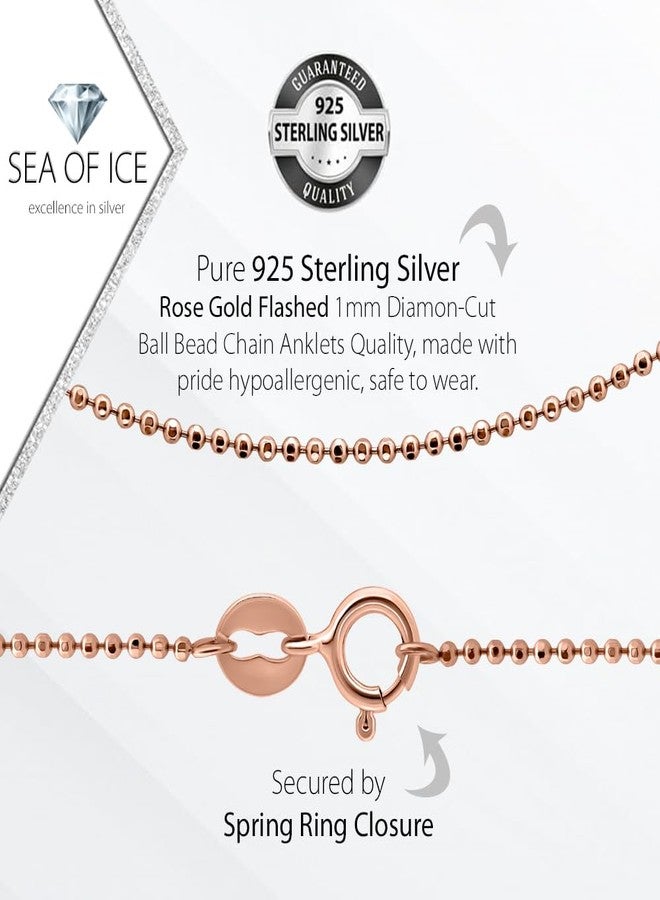 SEA OF ICE Rose Gold Flashed Sterling Silver 1mm Diamond-Cut Round Ball Chain Bead Anklet for Women, Size 11 inch. - Image 2
