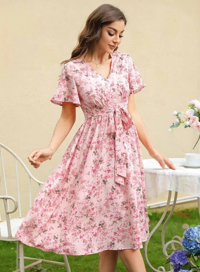 Take Two Women Pink Floral Print Short Sleeve Knee-Length Dress