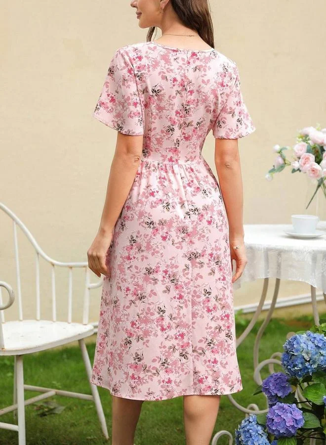 Take Two Women Pink Floral Print Short Sleeve Knee-Length Dress