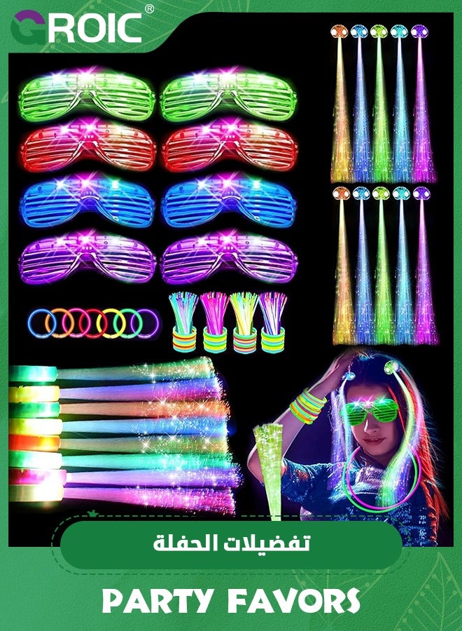 GROIC 126 PCS Glow in the Dark Party Supplies, 8 PCS Glow Fiber Optic Wands, 8 PCS LED Glasses, 100 PCS Glow Sticks and 10 PCS LED Hair Clips Fiber Optic for Glow Party, Wedding, Concert, Birthday - Image 1