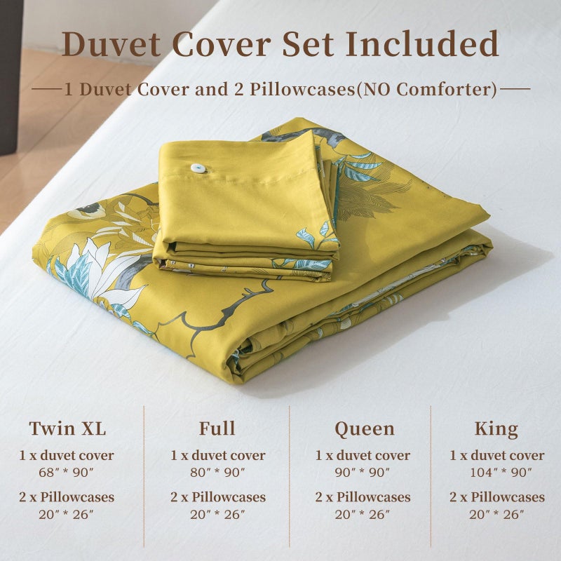 EAVD Vintage Style Botanical Floral Cute Birds Pattern Duvet Cover Queen Gold Cotton Chic Floral Tree Branches Printed Bedding Set with 2 Pillowcases Gorgeous Flower Duvet Cover with Zipper Closure - Image 5