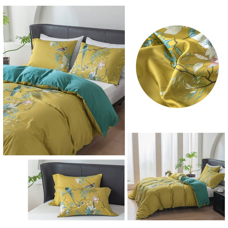 EAVD Vintage Style Botanical Floral Cute Birds Pattern Duvet Cover Queen Gold Cotton Chic Floral Tree Branches Printed Bedding Set with 2 Pillowcases Gorgeous Flower Duvet Cover with Zipper Closure - Image 2