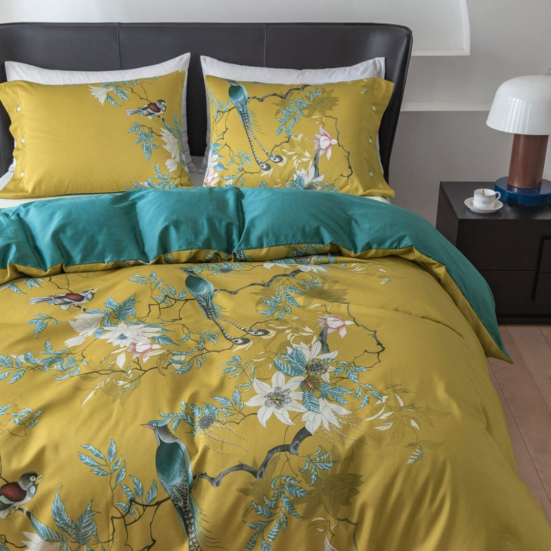 EAVD Vintage Style Botanical Floral Cute Birds Pattern Duvet Cover Queen Gold Cotton Chic Floral Tree Branches Printed Bedding Set with 2 Pillowcases Gorgeous Flower Duvet Cover with Zipper Closure - Image 3
