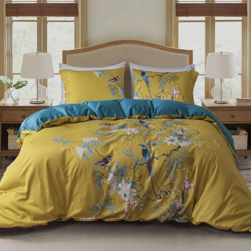 EAVD Vintage Style Botanical Floral Cute Birds Pattern Duvet Cover Queen Gold Cotton Chic Floral Tree Branches Printed Bedding Set with 2 Pillowcases Gorgeous Flower Duvet Cover with Zipper Closure - Image 1