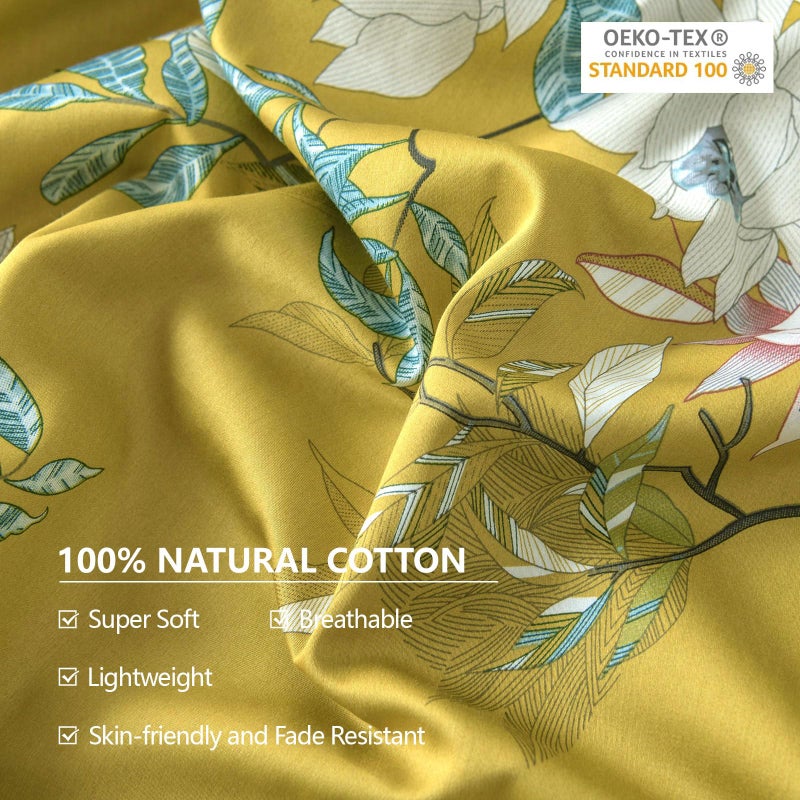EAVD Vintage Style Botanical Floral Cute Birds Pattern Duvet Cover Queen Gold Cotton Chic Floral Tree Branches Printed Bedding Set with 2 Pillowcases Gorgeous Flower Duvet Cover with Zipper Closure - Image 4