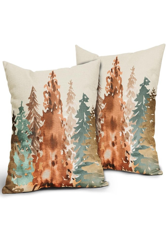 Sweetshow Fall Pillow Covers 18x18 Set of 2 Rustic Style Watercolor Tree Brown Blue Orange Autumn Color Nature Themed Forest Print Decorative Throw Pillows Outdoor Linen Cushion Case Decor for Sofa Couch Bed - Image 2